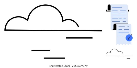 Outline of a cloud with data receipts. Ideal for cloud storage, data management, online services, digital receipts, and documentation. Simple, minimalist style