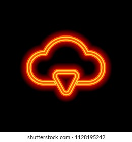 outline cloud download simple icon. linear symbol with thin outline. Orange neon style on black background. Light icon