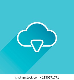 outline cloud download simple icon. linear symbol with thin outline. Gray icon with long shadow in bottom left corner on blue background