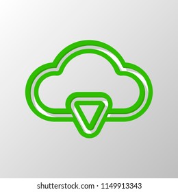 outline cloud download simple icon. linear symbol with thin outline. Paper style. Cut symbol with green bold contour on shape and simple shadow