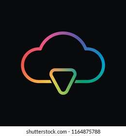 outline cloud download simple icon. linear symbol with thin outline. Rainbow color and dark background