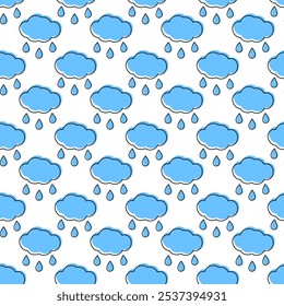 Outline cloud and drops with blue fill not along contour Seamless pattern Rainy weather background