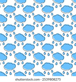 Outline cloud with drops filled not along contour Seamless pattern. Rainy weather background concept