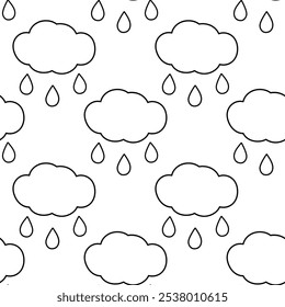 Outline Cloud and Drops Seamless pattern. Black and white Rainy weather background or wallpaper idea