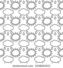 Contorno nuvem com gotas e sol Preto e branco Padrão sem emenda no minimalismo. Clima chuvoso encontrado