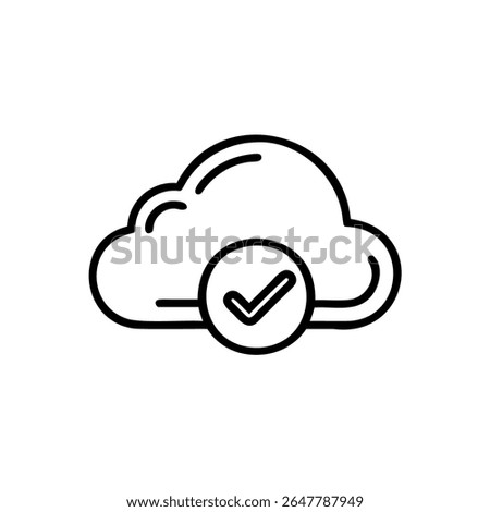 Outline cloud icon with checkmark inside a circle on background for data storage