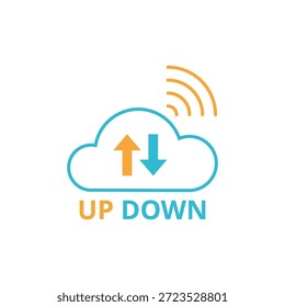 Icono de la nube del esquema con el Cargar naranja y las flechas azules de la Descarga, que representan la transferencia de datos y la sincronización