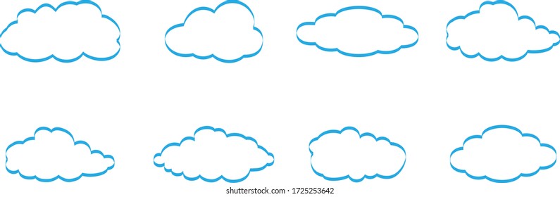Los iconos de la nube de contorno se establecen aislados en el fondo blanco. Colección de diferentes nubes azules. Iconos de contorno de dibujos animados para sitio web, plantilla de fondo, fondo de pantalla y diseño de cielo. Vector de línea delgada de nubes