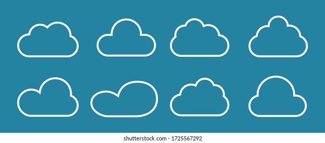 Outline cloud icons set isolated on blue background. Collection of different white clouds. Cartoon contour icons for web site, background template, wallpaper and sky design. Clouds thin line vector