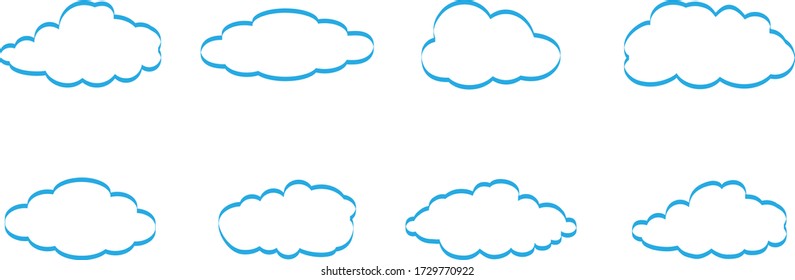 Outline cloud icons set isolated on white background. Collection of different blue clouds. Cartoon contour icons for web site, background template, wallpaper and sky design. Clouds thin line vector