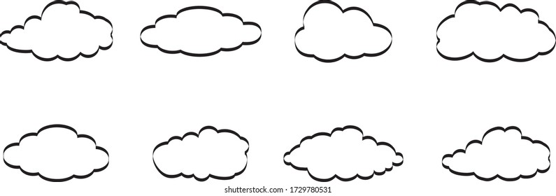 Outline cloud icons set isolated on white background. Collection of different black clouds. Cartoon contour icons for web site, background template, wallpaper and sky design. Clouds thin line vector