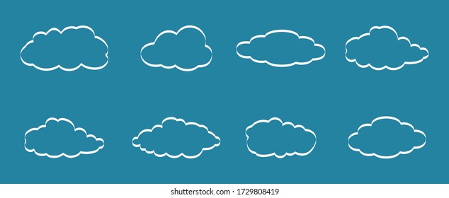 Outline cloud icons set isolated on blue background. Collection of different white clouds. Cartoon contour icons for web site, background template, wallpaper and sky design. Clouds thin line vector
