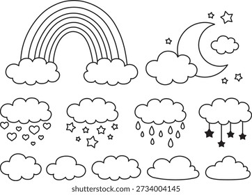 outline cloud illustration set rainbow rain heart star moon cute kids nursery graphic