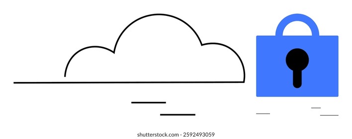 Outline of a cloud next to a blue lock. Ideal for cybersecurity, cloud computing, data security, online privacy, and secure storage themes. Simple and minimalist style