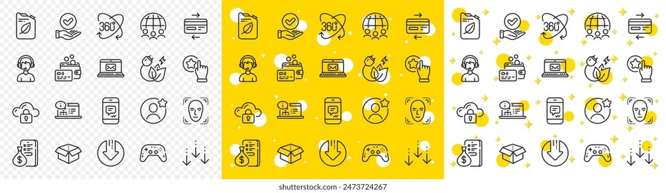 Outline Cloud protection, Download arrow and Canister line icons pack for web with Face detection, Gamepad, Card line icon. Credit card, Full rotation, E-mail pictogram icon. Message. Vector