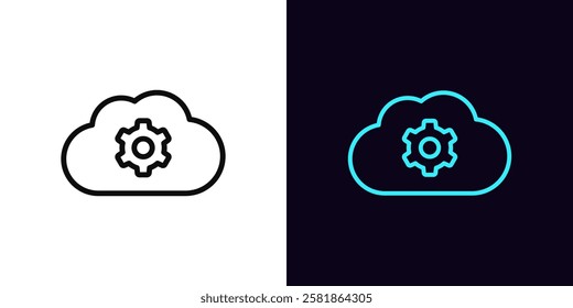 Outline cloud settings icon, with editable stroke. Cloud storage with gear sign, datacenter maintenance. Customize cloud space, data backup and security settings update, network control. Vector icon