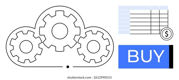Outline of a cloud with three interconnected gears, a transaction receipt, and a large buy button. Ideal for cloud services, online shopping, e-commerce, digital payments, financial management, tech