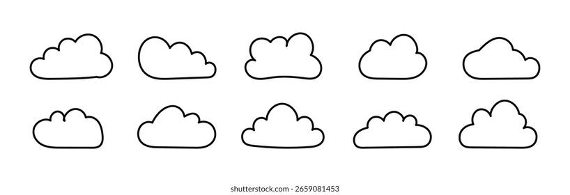 Iconos de nubes de contorno. Doodle nubes esponjosas. Nubes hinchadas y cúmulos. Cloudy forma patrones en contorno negro delgado. Plantillas de elementos de Clima. Objetos de muestras de paisaje nublado. Iconos lindos negros dibujados a mano.