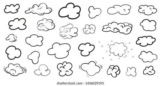 Outline clouds on white. Hand drawn samples. Black and white illustration