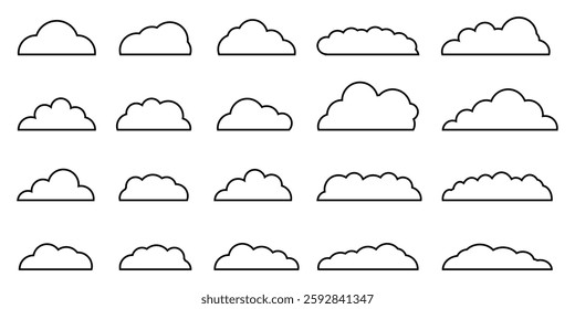 Outline clouds set, soft cloud contour, fluffy float line shapes, cloudy fog