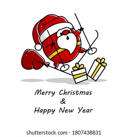Outline Clumsy Santa hurry up rushes on skis to give gifts. Line art logo flat. Collection of linear Christmas vector illustration of hurry up Santa.