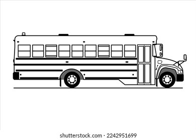 Esquema del bus del entrenador, vista lateral. Libro de coloración de autobuses escolares para niños. Autobús escolar Vector Sketch aislado en fondo blanco. De vuelta a la escuela.