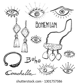 Outline Coachella Boho Style Doodle Clip Art, Eye, Juwellery Accessories Bohemian Design Icons Vector Collection