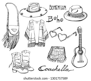 Outline Coachella Festival Fashion Clothes Spring And Summer Bohemian Style Vector Elements