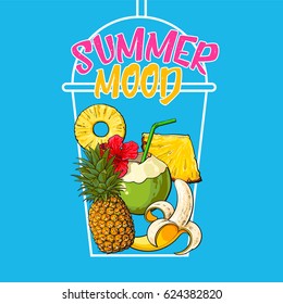 Outline of cocktail cup filled with summer fruits - pineapple, banana, coconut, sketch vector illustration. Poster, banner design with hand drawn pineapple, banana, coconut and summer mood lettering