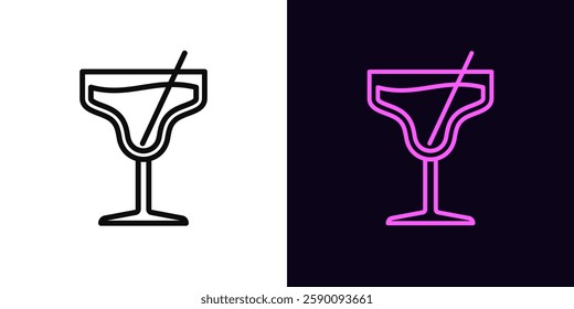 Outline cocktail icon, with editable stroke. Cocktail glass with beverage and straw, alcohol drinks menu. Margarita cocktail, drinks bar, relax party, alcohol beverage, cheer and vacation. Vector icon