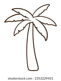 Esbozo de dibujos animados de árbol de coco con doodle Sticker Ilustración para el elemento de decoración de playa de verano. Árbol de palma único aislado en fondo blanco para el libro infantil de dibujos y colores