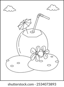 Outline coconut water and cocktail—linear vector illustration.