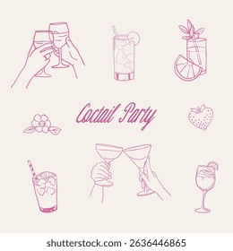 Outline coctails set cliparts in whimsical style. Vector outline glass illustrations in hand drawn whimsy style. 