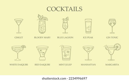 Outline coctails set. Collection of alcoholic drinks with ice. Symbol of summer season, tropic and exotic. Advertising poster or banner. Cartoon flat vector illustrations isolated on yellow backdrop