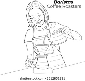 Outline coffee barista or bartender girl wearing apron standing manual brew coffee mug. Coffee shop, coffee time and take away concept.