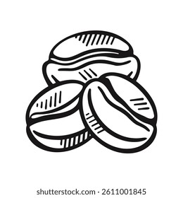 Outline coffee beans icon. Isolated doodle vector illustration on white background. Simple design element for menu, logo, cafe, banner, packaging.
