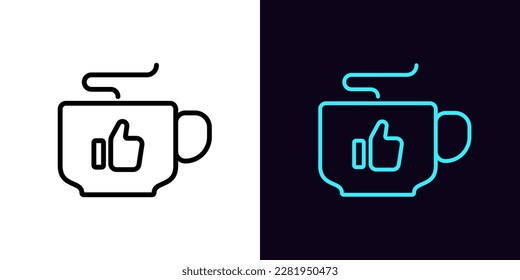 Outline coffee cup icon, with editable stroke. Mug with Like sign, coffee break. Favorite tea, best coffee with thumb up, hot drink cup with aroma, cappuccino, espresso, latte flavor. Vector icon