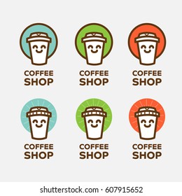 Outline coffee cup logo template - vector illustration, emblem design on grey background, Cute character