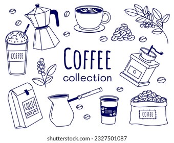 Outline coffee elements collection. Mug or cup with hot drink. Coffee crop and grainer. Aroma and beverage. Cappuccino, latte and mochachino. Linear flat vector set isolated on white background