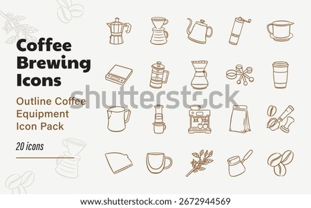 Outline coffee equipment icon pack for cafe, baristas, and brew guides