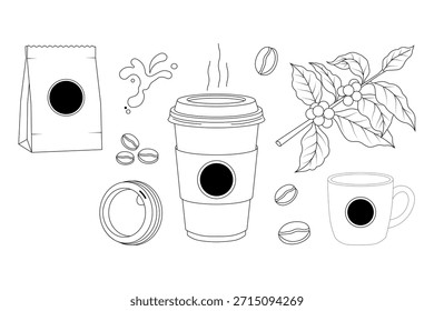 Outline coffee icon set with cup, beans, coffee bag, splash, mug, and coffee plant branch. Clean line style perfect for branding, packaging, and infographic use