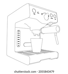 Esquema de una máquina de café a partir de líneas negras aisladas en un fondo blanco. Vista de perspectiva. Ilustración del vector