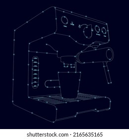 Outline of a coffee machine from blue lines with glowing lights isolated on a dark background. Vector illustration.