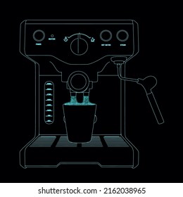 Outline of a coffee machine with glowing lights from blue lines isolated on a dark background. Front view. Vector illustration.