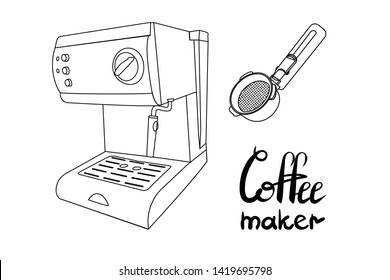Outline coffee machine with portafilter. Lettering coffee maker. Isolated on white background vector illustration.
