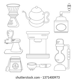 outline coffee maker set flat design cartoon concept. Enjoy fresh coffee. Vacuum coffee maker. thin line. Vector ,illustration.