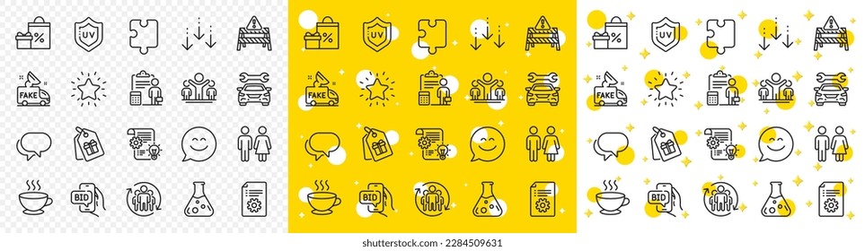 Outline Cogwheel, Puzzle and Winner line icons pack for web with Teamwork, Fake news, Shopping line icon. Accounting, Restroom, Rank star pictogram icon. Coffee cup, Bid offer, Uv protection. Vector