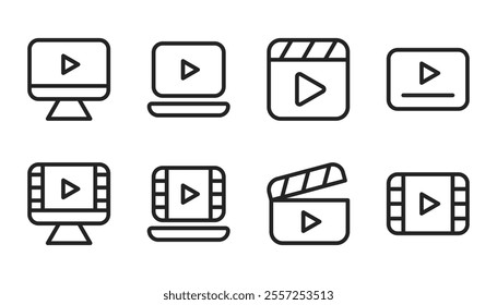 Outline collection button of play film multimedia illustrations for Your UI. Vector icons in flat style