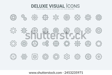 Outline collection of different large and small metal wheels with sprocket and cogs for engine, progress and settings symbol. Gears and cogwheels thin black and red line icons set vector illustration.