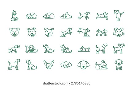 Outline collection featuring dogs sleeping playing running barking and swimming. Minimalist linear pet care icons perfect for veterinary web design projects.